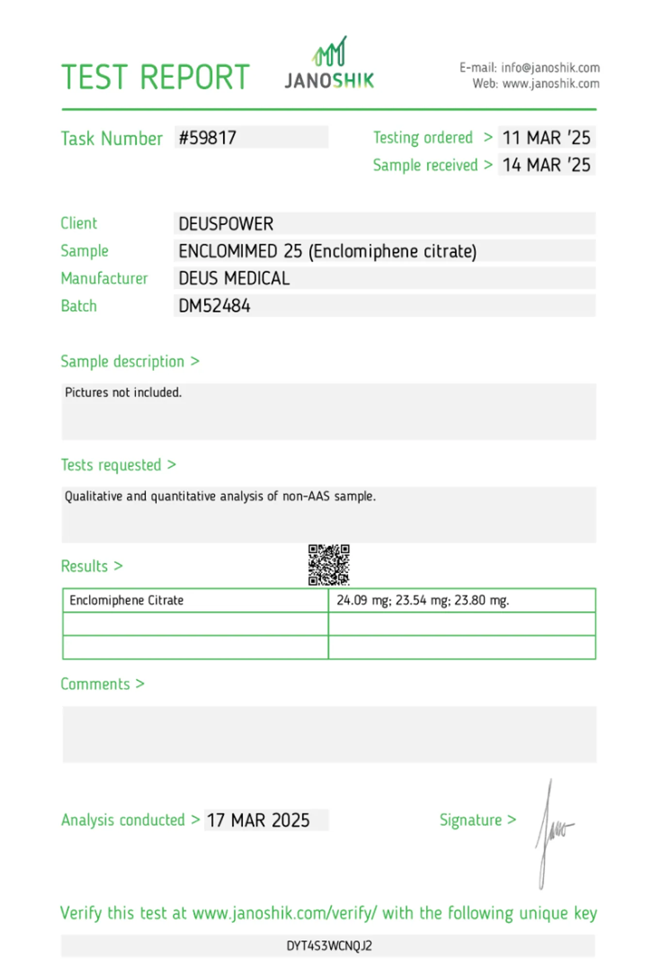 Enclomimed 25 Enclomiphene Citrate tablets, Deus Medical box and blisters