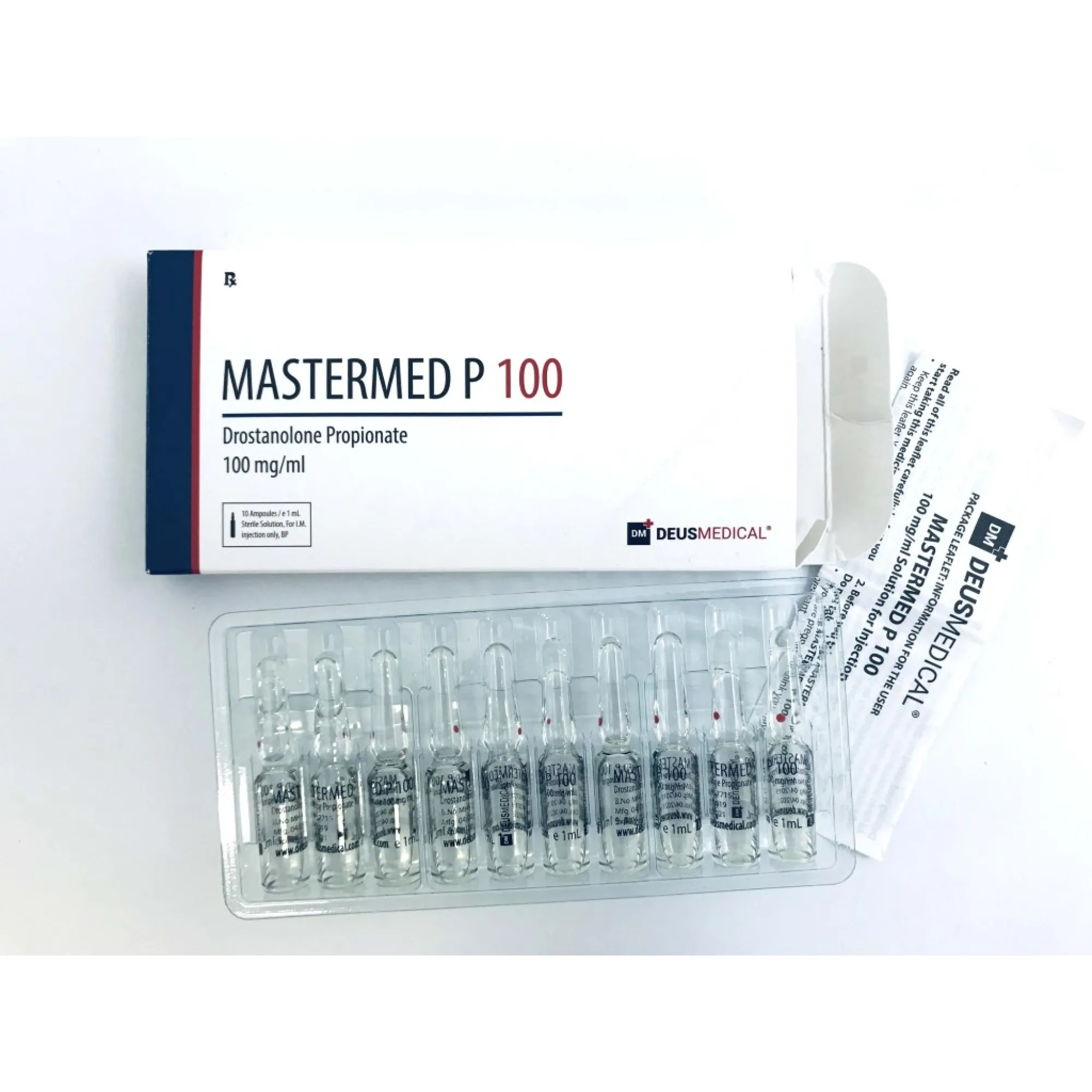 Mastermed P 100 Drostanolone Propionate ampoules and Deus Medical packaging