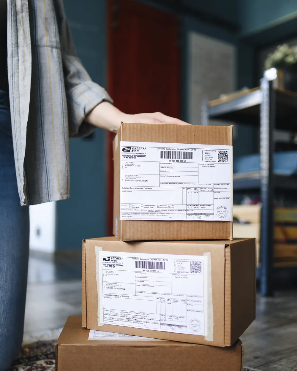 Discreetly packaged parcels prepared for tracked international delivery