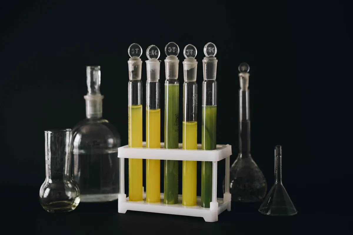 Sealed laboratory vials holding assayed compound samples